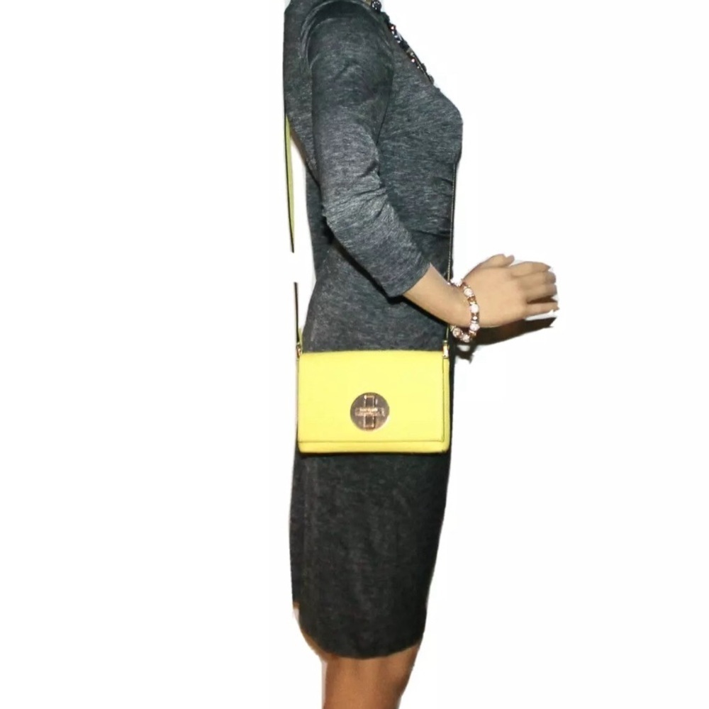 KATE SPADE Newbury Lane Sally Turn Lock Crossbody Neon Yellow Leather WKRU2256 - Picture 5 of 5